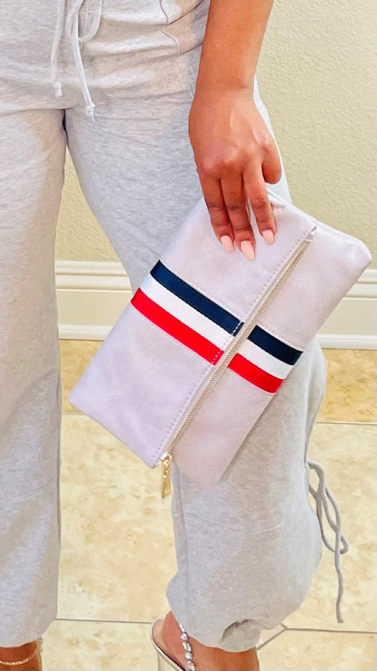 Grey pin striped clutch